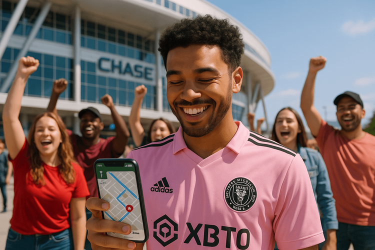 Football fan using a smartphone for navigation outside Inter Miami's stadium before a Messi match.