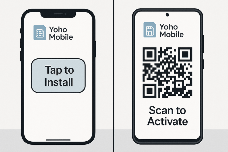 Illustration showing the simple eSIM installation process for iOS and Android devices.