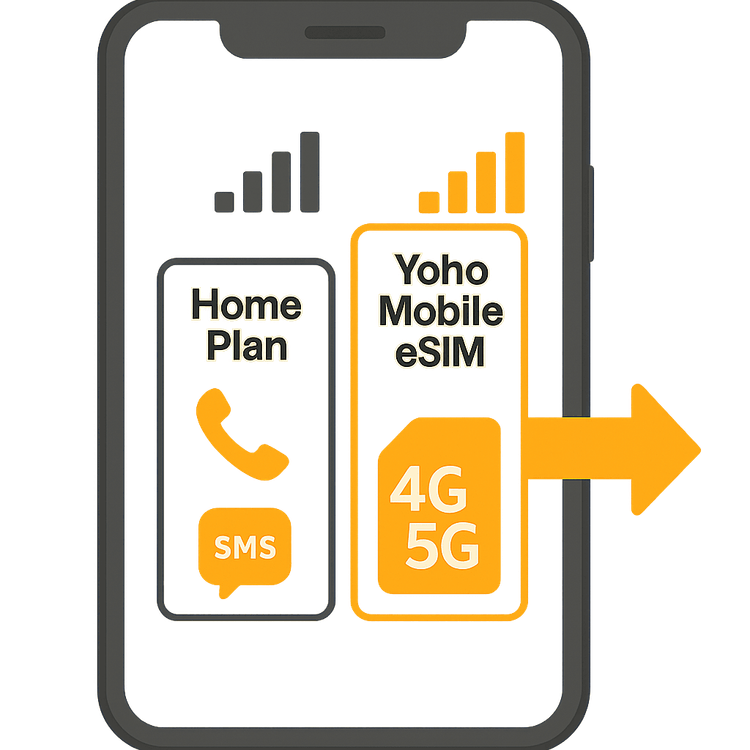 Diagram explaining how a travel eSIM provides data while the home plan handles calls and texts.