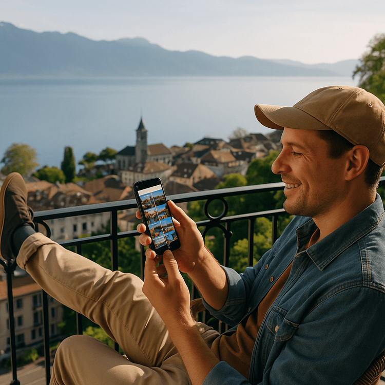 A traveler using a Yoho Mobile eSIM on their phone while enjoying the view of Lake Geneva from Evian-les-Bains.