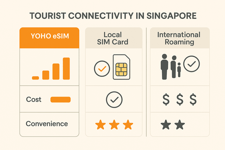 Infographic comparing the cost and convenience of using a Yoho eSIM versus a local SIM card and international roaming for tourists in Singapore.
