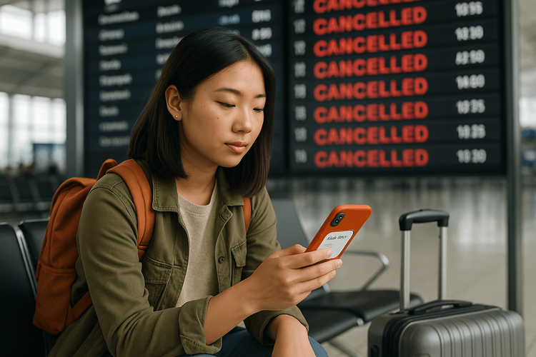 A traveler calmly using her smartphone in an airport to manage flight cancellations during typhoon season.