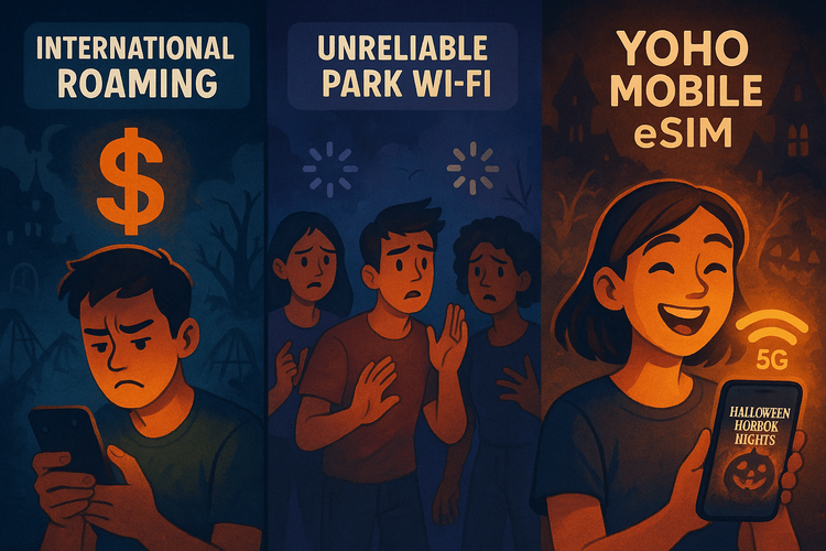 A comparison infographic showing the benefits of Yoho Mobile eSIM over international roaming and unreliable park Wi-Fi at a theme park.