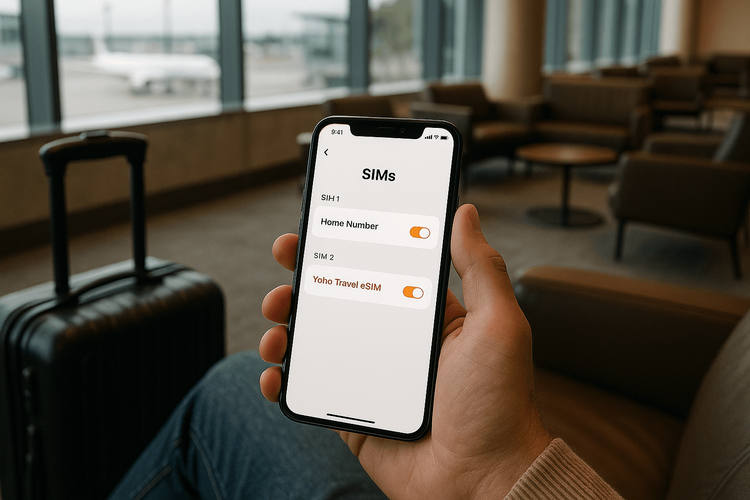 A traveler managing dual SIM settings on their phone, choosing between their home SIM and a Yoho Mobile travel eSIM.