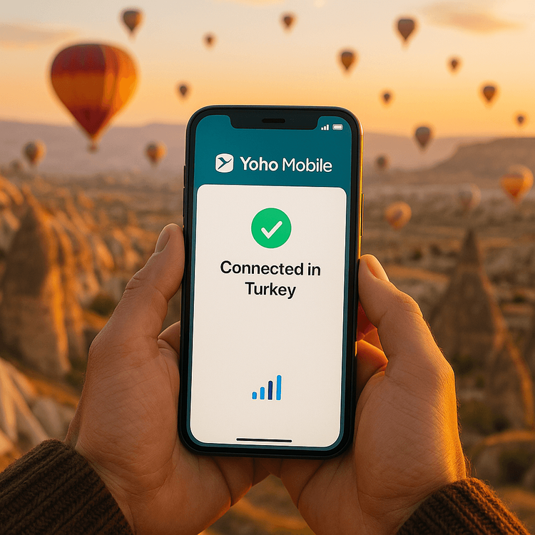 A traveler using a Yoho Mobile eSIM on their smartphone with the hot air balloons of Cappadocia, Turkey in the background.