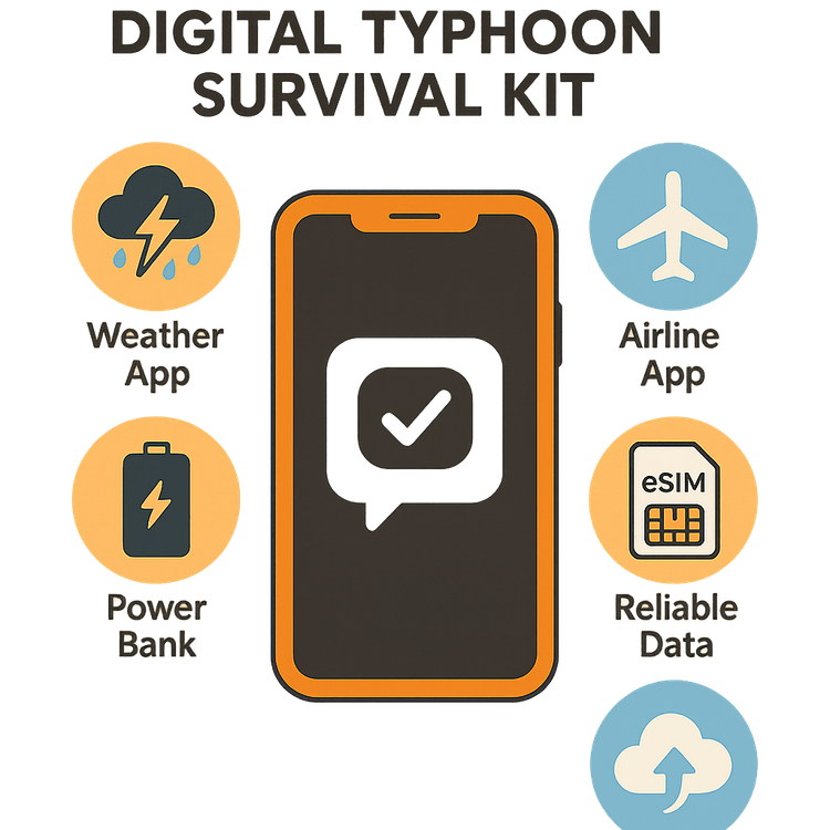 An infographic showing a digital survival kit for typhoon season, including a smartphone, eSIM, weather app, and power bank.