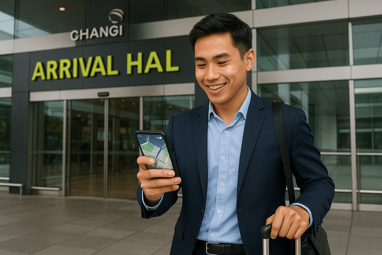An expat using their smartphone with a Yoho Mobile eSIM for navigation upon arrival at Changi Airport, Singapore.