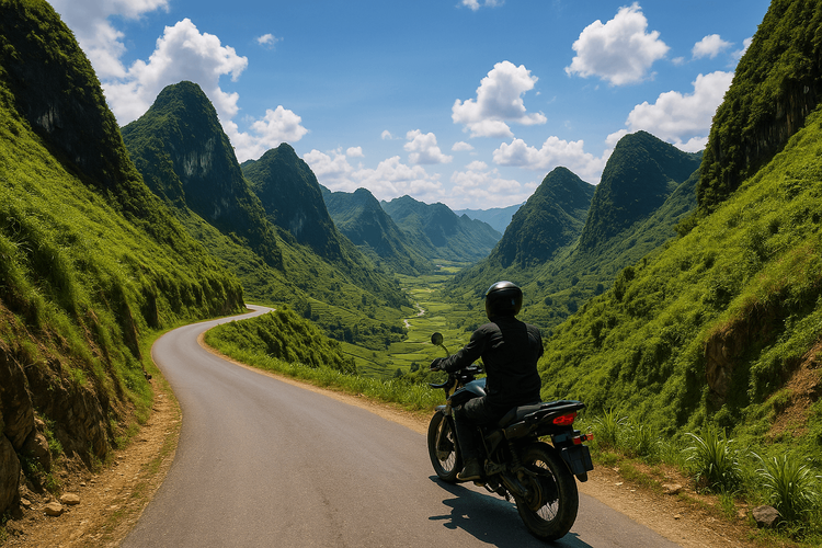 A motorcyclist navigating the scenic and winding roads of the Ha Giang Loop in Vietnam.