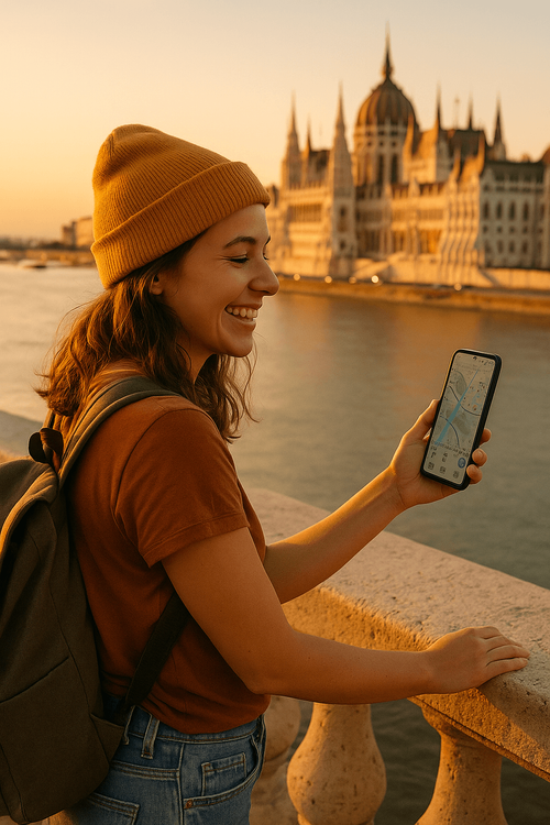 A happy traveler using her phone with a Yoho Mobile eSIM in Budapest, with the Parliament Building in the background.