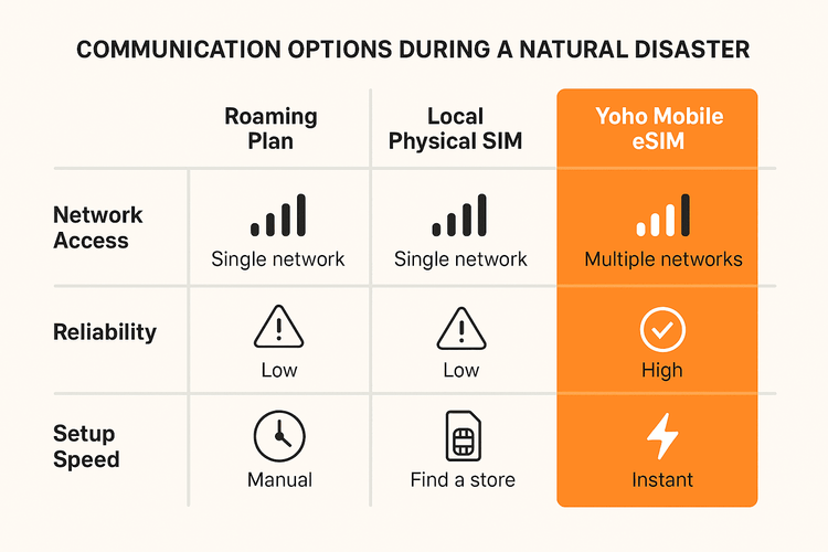 An infographic comparing the reliability of eSIMs, local SIMs, and roaming during a travel emergency.