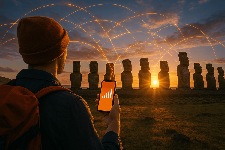 A traveler staying connected with an eSIM in front of the Moai statues on Easter Island at sunrise.