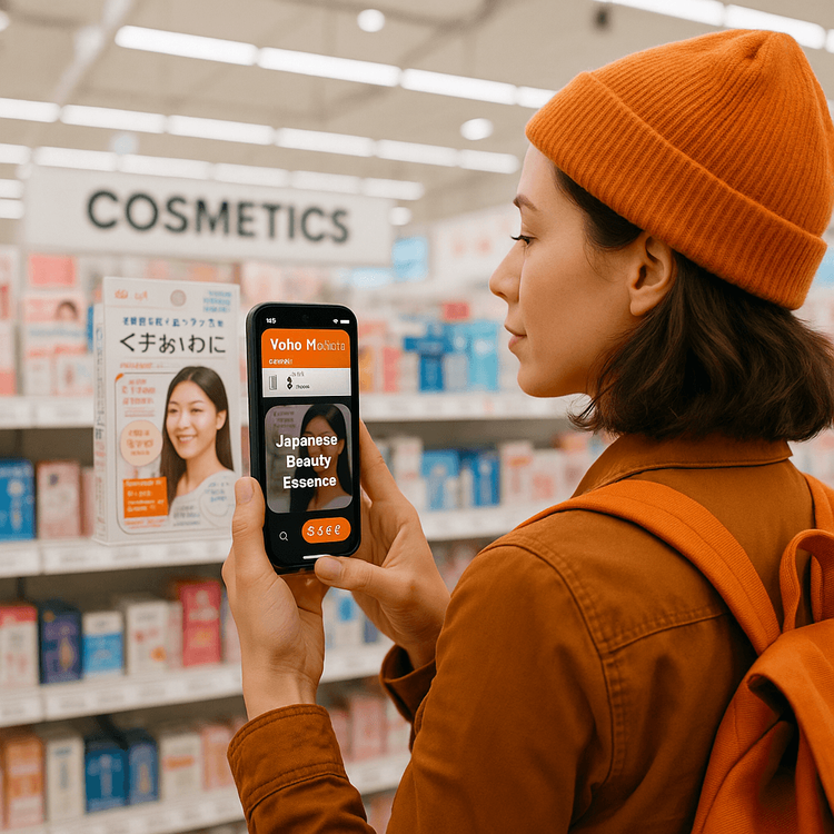 A traveler uses her Yoho Mobile eSIM data to translate a Japanese cosmetic product label in a Tokyo store.