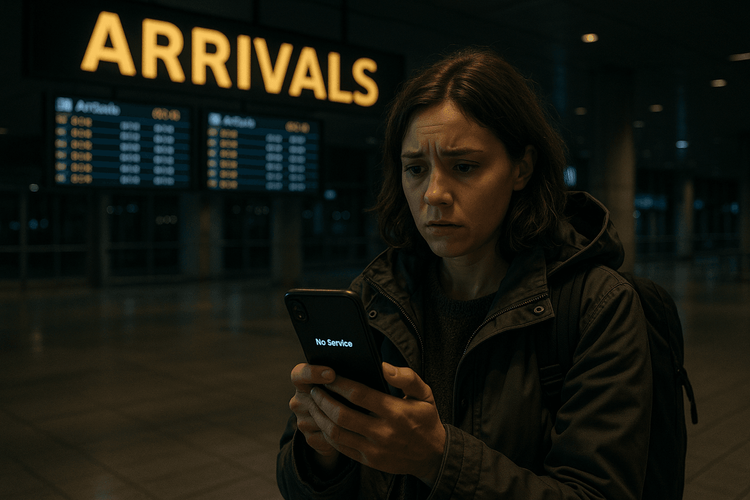 Traveler looking at a phone with no service in an empty airport late at night.