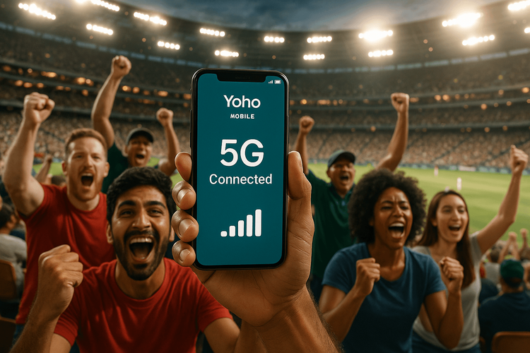 Cricket fan in a stadium celebrating while their phone shows they are connected with Yoho Mobile eSIM.
