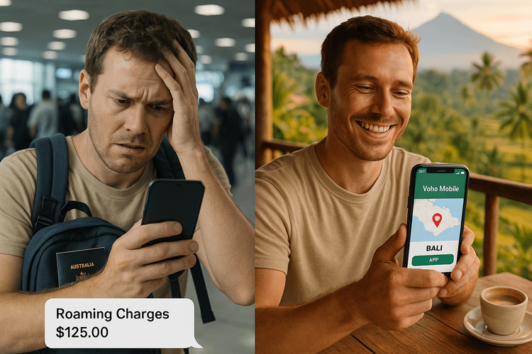 A comparison showing a traveler stressed by high Optus roaming fees versus a happy traveler enjoying their vacation in Bali with a cost-effective Yoho Mobile eSIM.