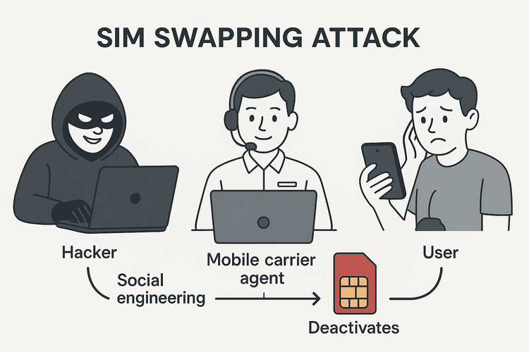 Diagram explaining how a SIM swapping attack works, leading to a user's loss of service.