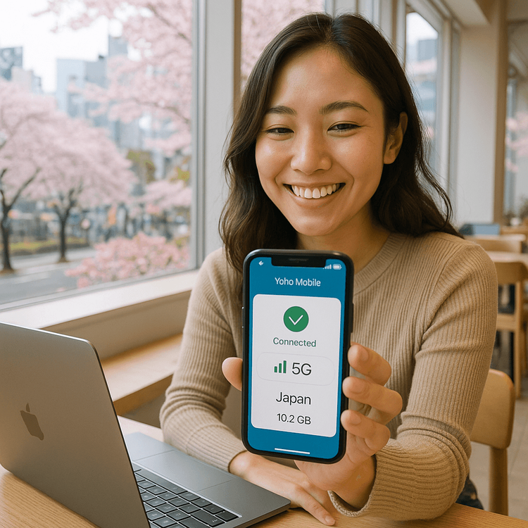 A digital nomad happily using her Yoho Mobile eSIM for high-speed internet on her phone while working in a Tokyo cafe.