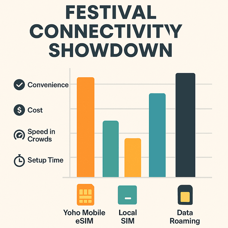 Infographic comparing the cost, convenience, and speed of Yoho Mobile eSIM against local SIM cards and data roaming for festivals.