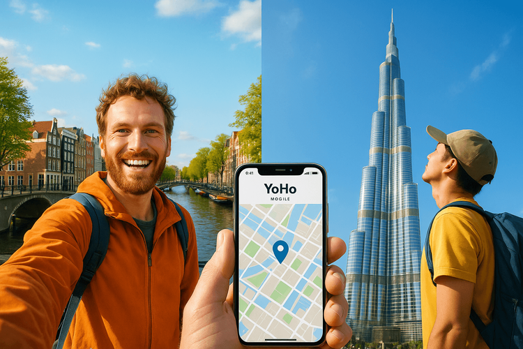 Split image showing a traveler enjoying a layover in Amsterdam and Dubai, connected by Yoho Mobile.