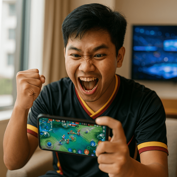 An esports fan enjoying a mobile game with a stable connection on his phone while traveling in Manila for a tournament.