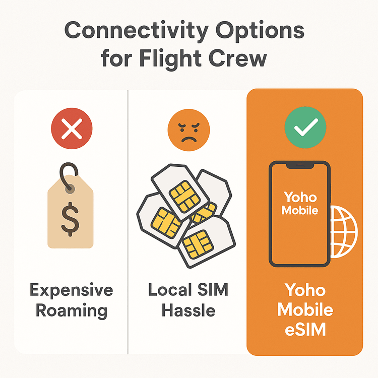 Infographic comparing the high cost of roaming and hassle of local SIMs with the convenience of a Yoho Mobile eSIM for flight crews.