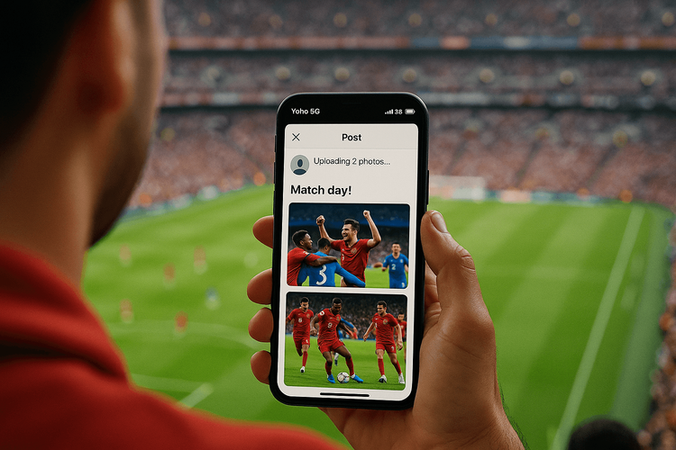 A football fan using Yoho Mobile eSIM data to share photos from a live Premier League match.
