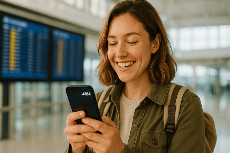 A happy traveler gets instant internet connection on her phone with a travel eSIM upon arriving at the airport.