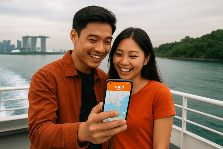 Couple using Yoho Mobile eSIM on a ferry from Singapore to Batam.