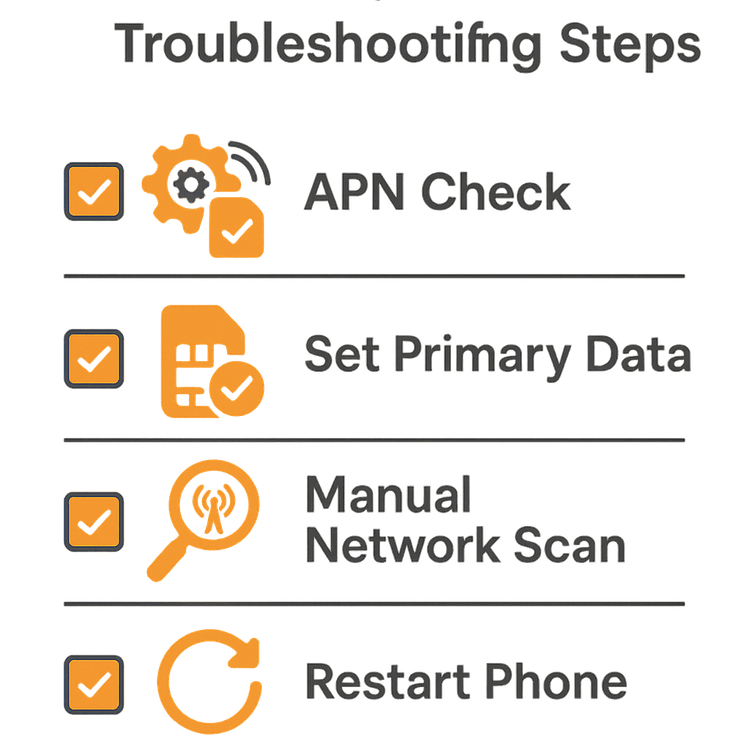 An infographic checklist showing four key steps to troubleshoot an eSIM with no internet: check APN, set as primary data, scan for networks, and restart.