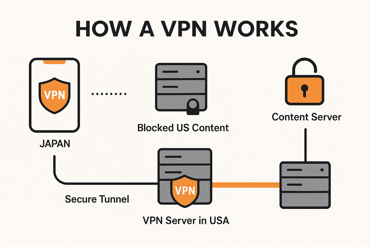 An infographic diagram explaining how a VPN bypasses geoblocking by routing traffic through a server in another country.