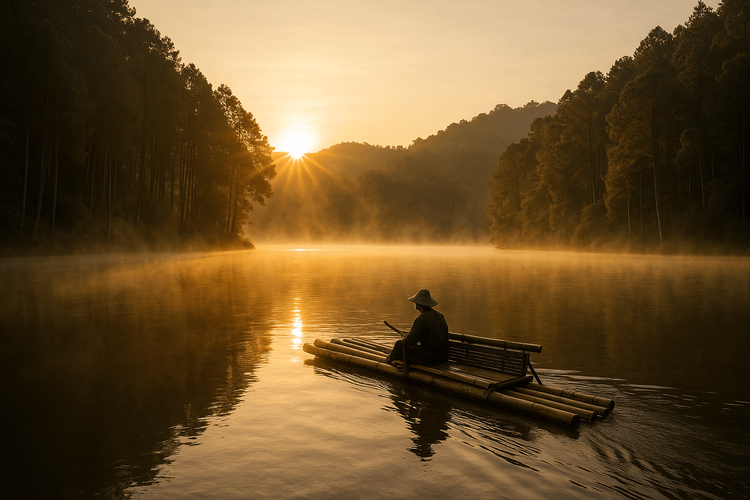 Sunrise over the misty reservoir at Pang Ung, Thailand, with a bamboo raft on the water.