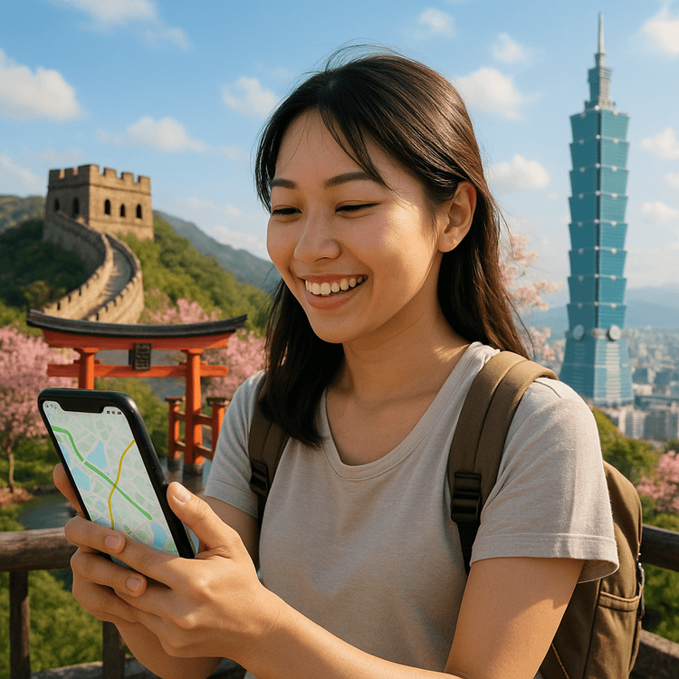 A happy traveler using her phone for navigation seamlessly across China, Japan, and Taiwan, thanks to her regional eSIM.
