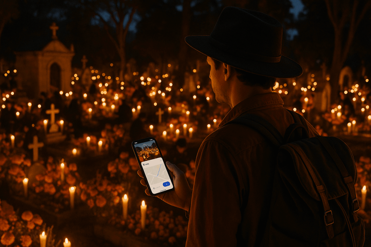 A traveler uses their phone with a Yoho Mobile eSIM to navigate during a beautiful, candlelit Day of the Dead vigil in a Oaxaca cemetery.