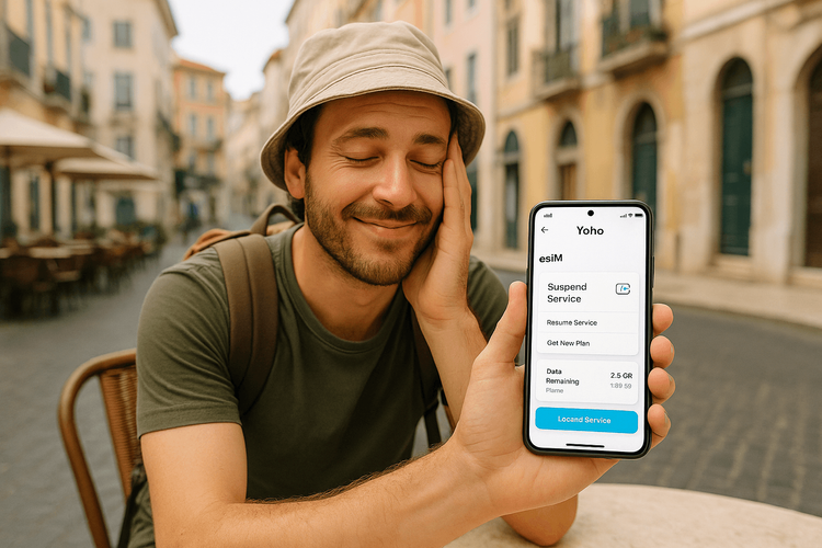 A traveler remotely managing their Yoho Mobile eSIM account on a friend's phone after losing their own.