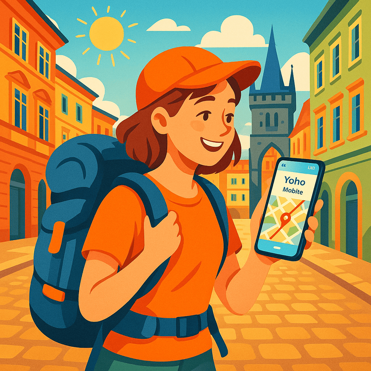 A backpacker happily using her Yoho Mobile eSIM for navigation on her smartphone in a beautiful European city.