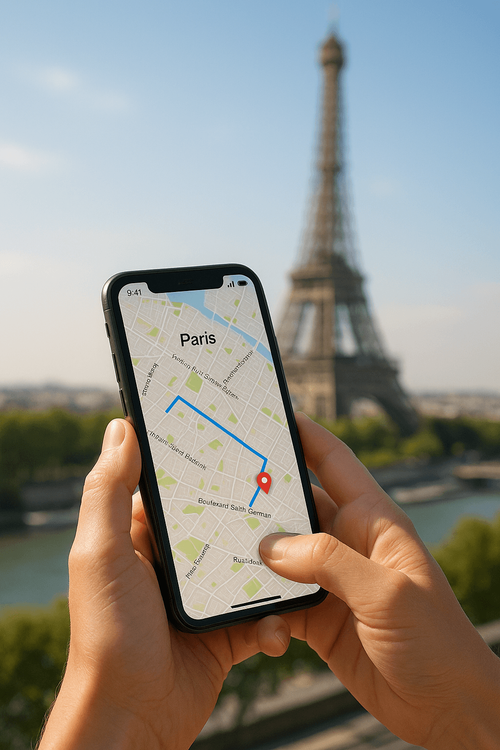 A traveler using a smartphone with a Yoho Mobile eSIM for navigation while exploring Paris, with the Eiffel Tower in the background.