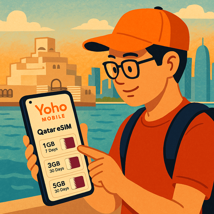A traveler choosing a Yoho Mobile eSIM plan for Qatar on their smartphone before their trip.
