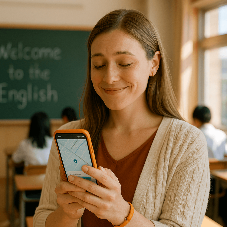 English teacher in a Japanese classroom happily using her smartphone with a reliable eSIM connection.