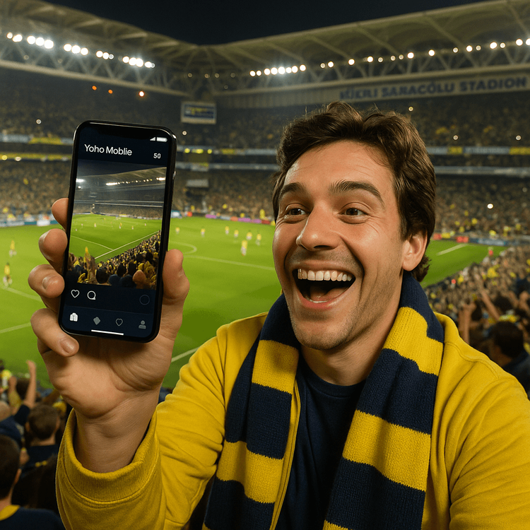 A Fenerbahçe fan celebrating in the stadium while using their phone with a Yoho Mobile eSIM.