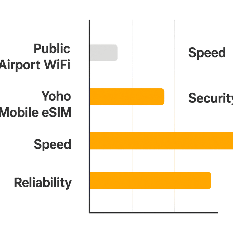 Infographic comparing the low speed, security, and reliability of public airport WiFi versus the high performance of a Yoho Mobile eSIM during travel disruptions.