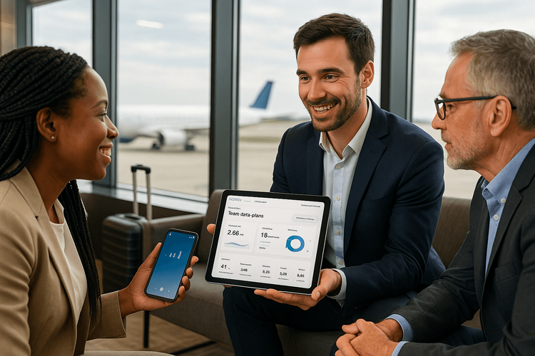 A business team using Yoho Mobile to manage their connectivity while traveling through an airport.