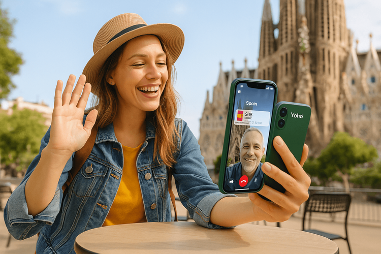 A traveler in Barcelona using a Yoho Mobile eSIM for a video call, demonstrating easy travel connectivity.