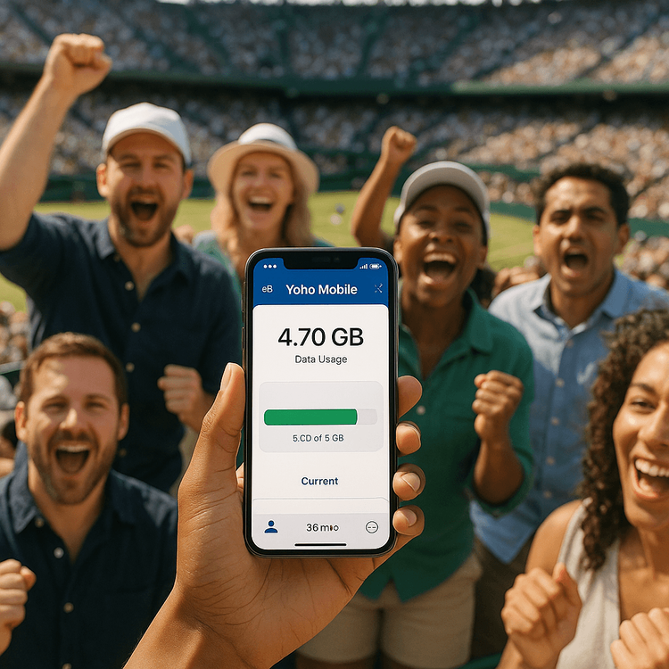 Tennis fan at a Grand Slam tournament using their smartphone with a Yoho Mobile eSIM to stay connected and share the experience.