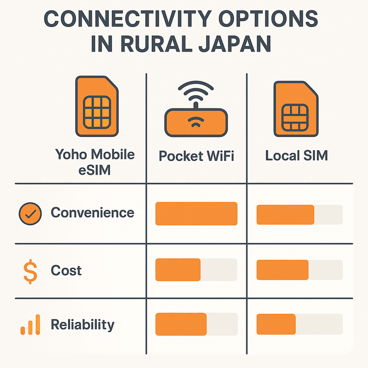 An infographic comparing the convenience, cost, and reliability of Yoho Mobile eSIM, Pocket WiFi, and Local SIMs for rural Japan.