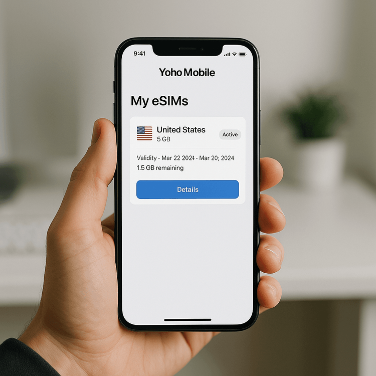 A user holding a smartphone showing the 'My eSIMs' management screen in the Yoho Mobile app.