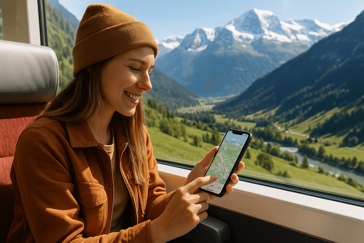 A traveler enjoying seamless connectivity with her smartphone on a scenic train journey through the Swiss Alps.