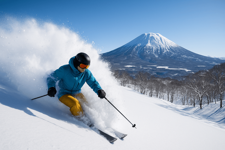 A skier enjoys deep powder snow during a Japan ski trip in Niseko with Mount Yotei in the background.
