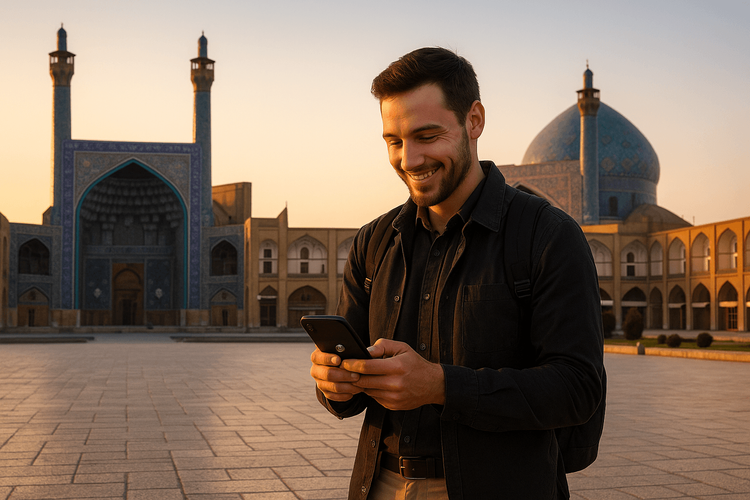 A traveler using a smartphone with an eSIM for internet access in Naqsh-e Jahan Square, Isfahan, Iran.