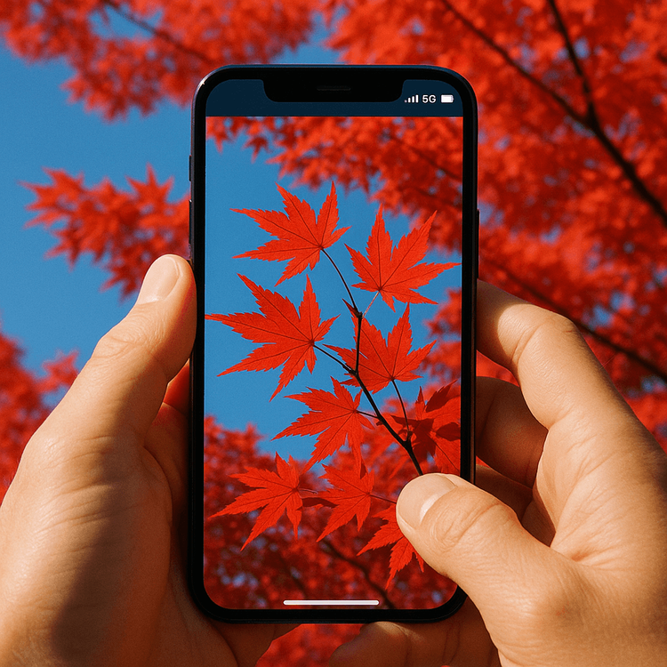 A person holding a smartphone with a strong 5G signal, taking a photo of bright red autumn leaves in Canada.