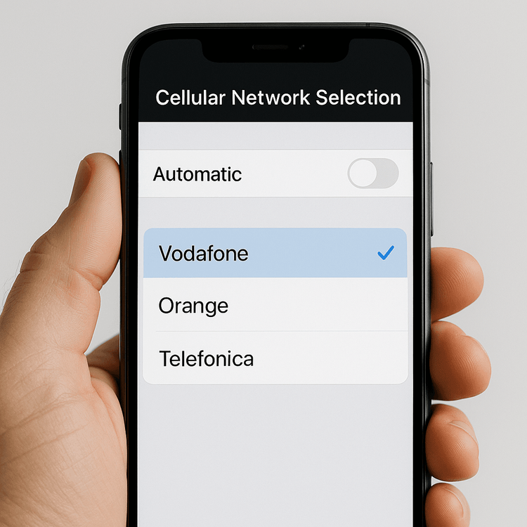 A smartphone screen showing the manual network selection menu to troubleshoot slow eSIM data.